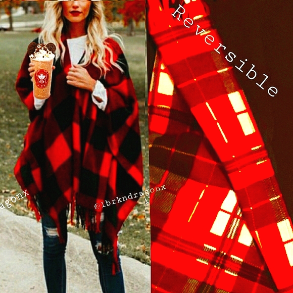 NWT Reversible Traditional Cape Poncho Rose Red Plaid Fringed Cape - Picture 17 of 17